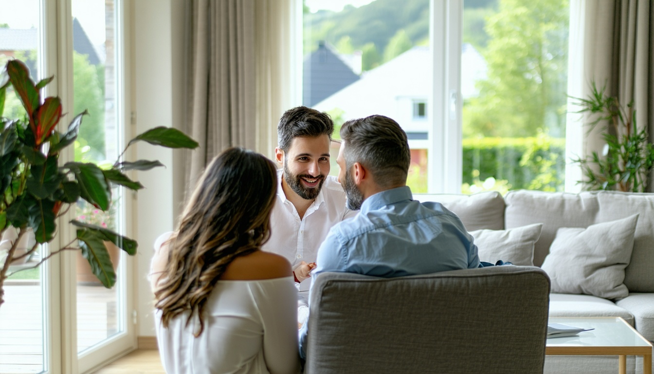 Couple meeting with real estate agent in living room