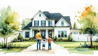 Newsletter illustration showing a family looking at a new home