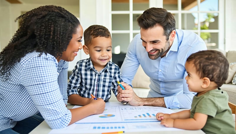 Friendly real estate agent consulting with a family about their home buying options