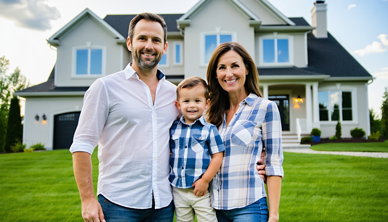 Happy Family Standing in Front of New Home