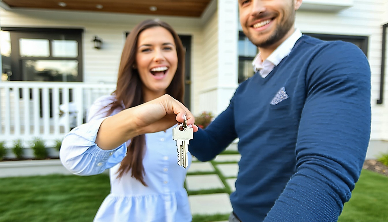 Excited Couple Receiving Keys from Real Estate Agent